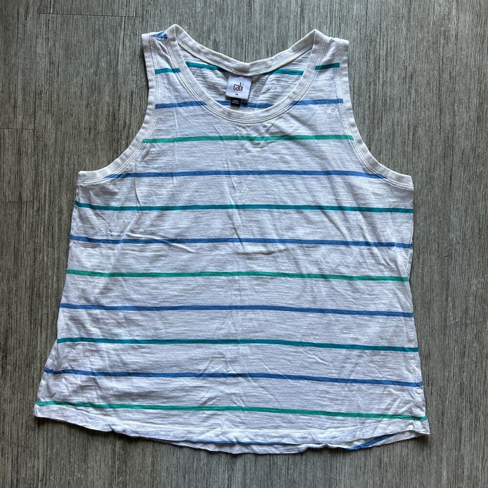 CAbi White Blue Teal Striped Crewneck Cotton Sleeveless Tank Top Shirt Medium